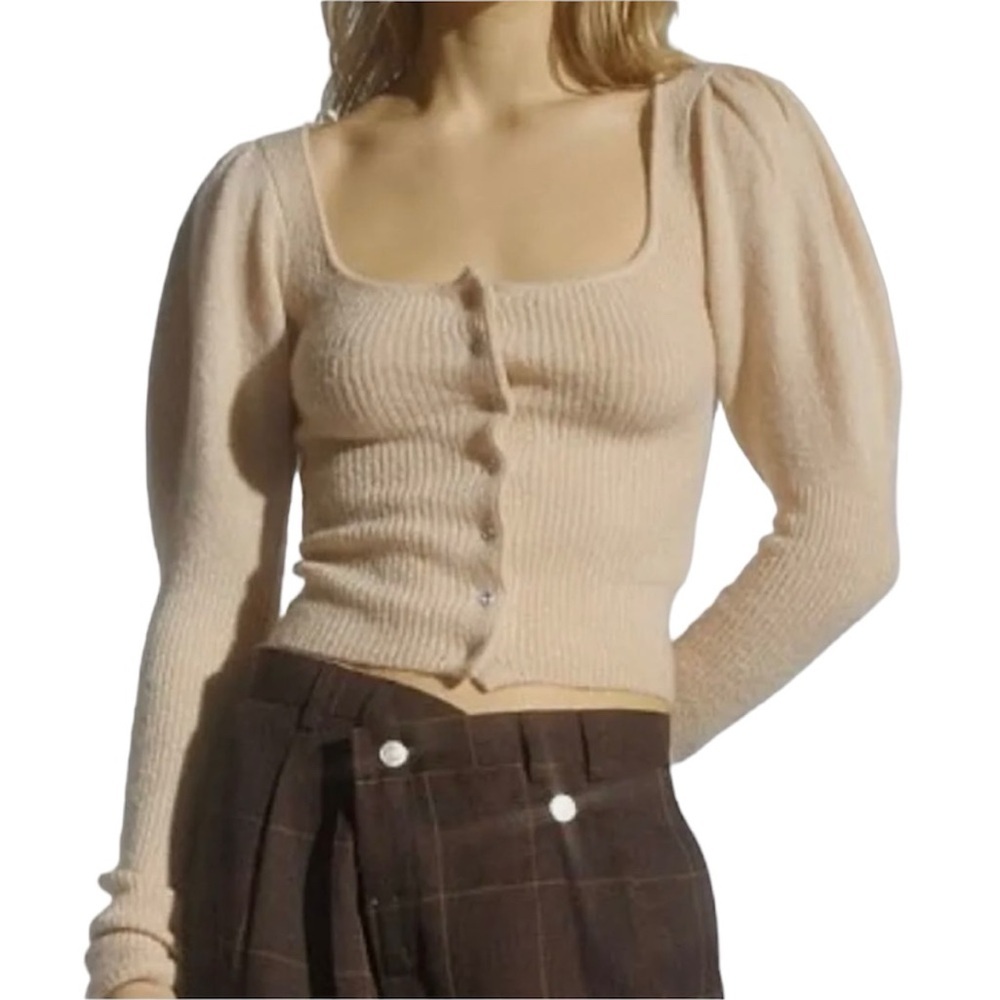 UO Ashley Puff Sleeve Cardigan Sweater - Medium - Light Beige Stretchy
